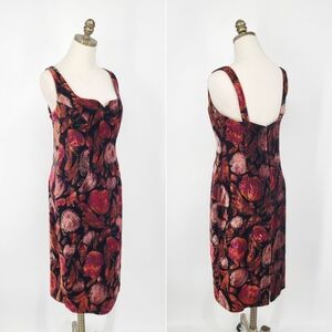 Vintage Floral Velvet Midi Length Shift Dress Sleeveless Black Brown Medium